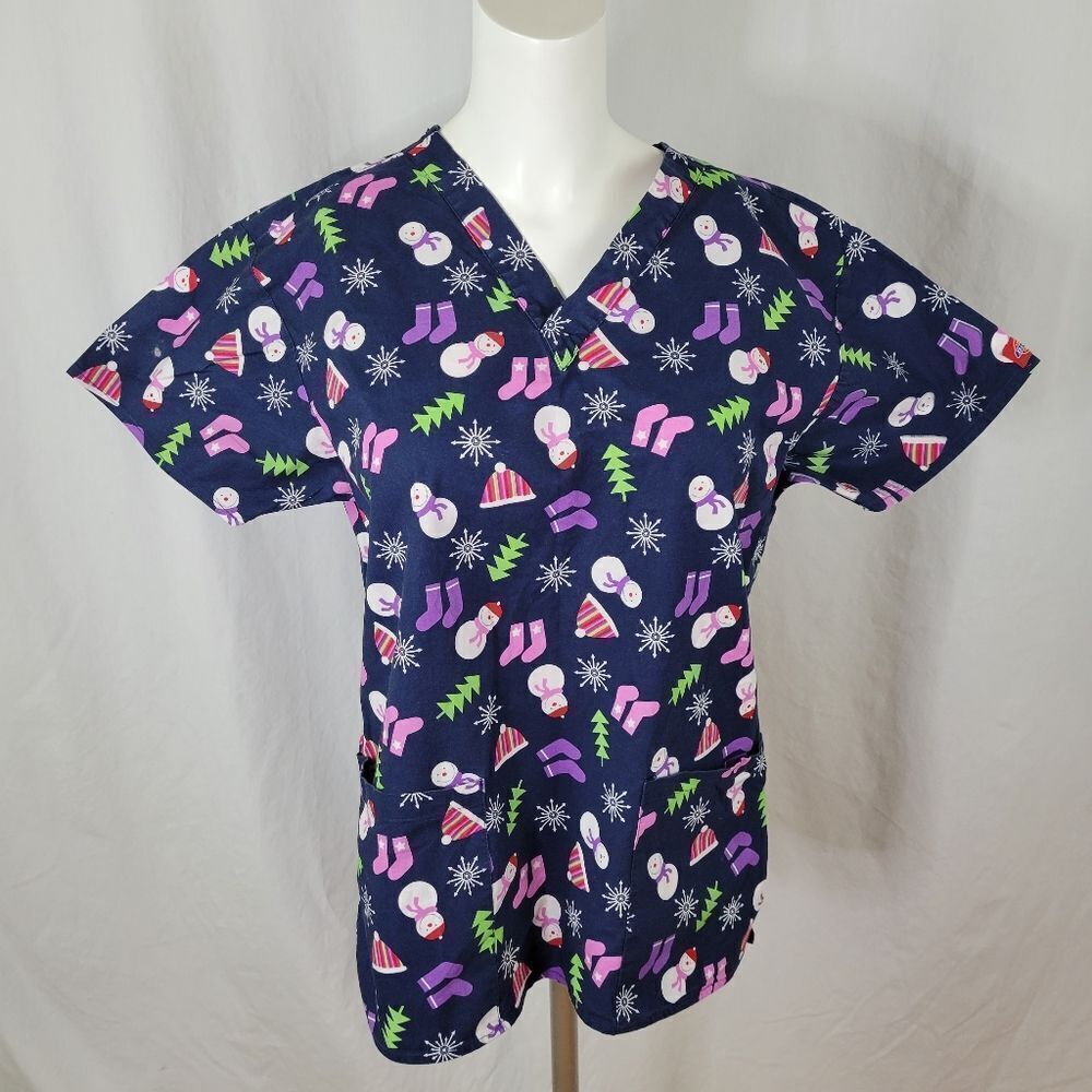 Dickies‎ Snowman Winter Themed Double Pocket Scrub Top Size S